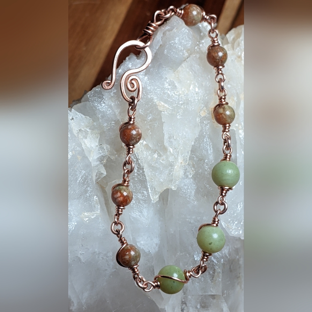 Artisan Copper Link Chain Bracelet-Natural  Jasper-Green Serpentine Gemstone